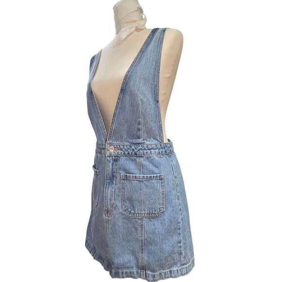 Forever 21 Denim Y2K Overall Mini Skirt Zipper Deep V Top Size L Fits M /Junior - Picture 2 of 12
